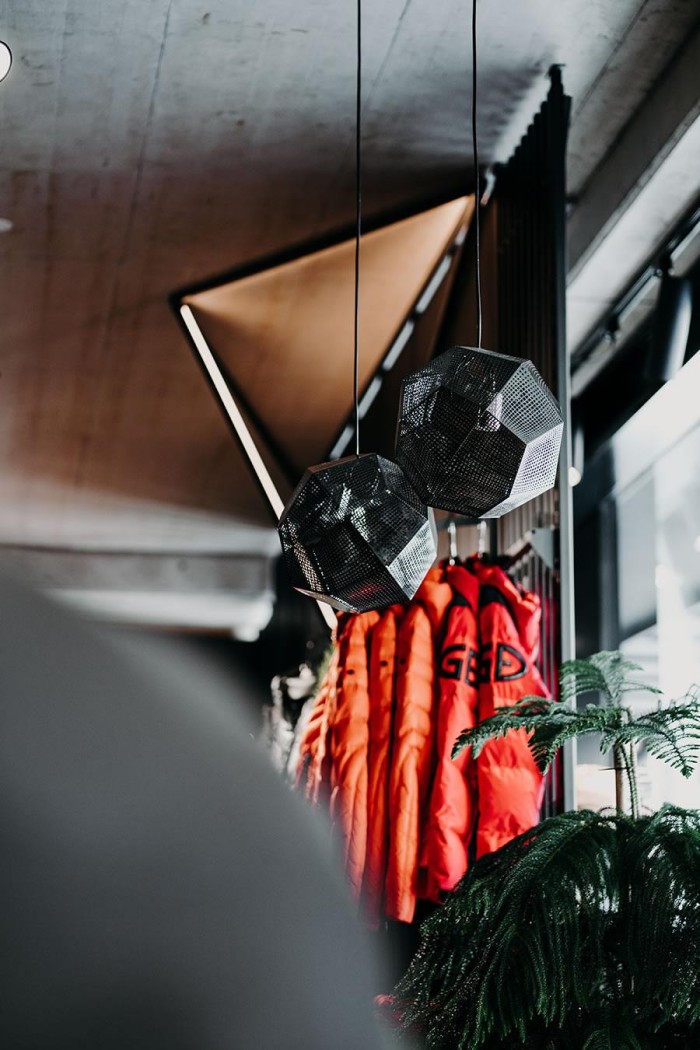 Hängelampen und rote Jacken in einem modernen Interieur mit Pflanze