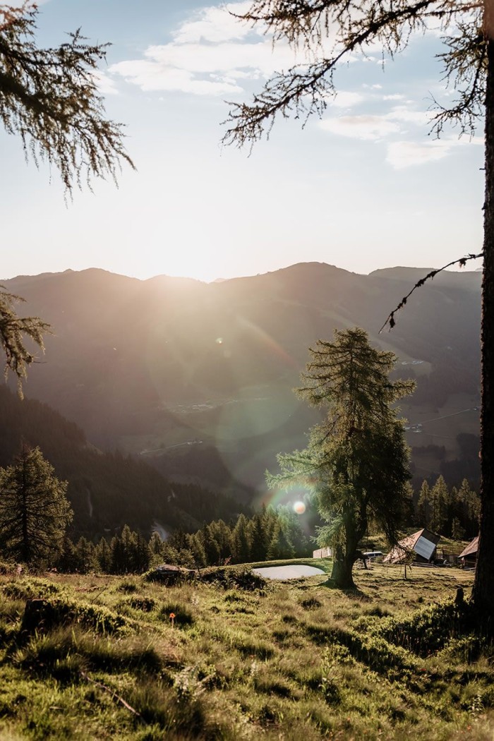 Sonnenaufgang über einer Berglandschaft mit Bäumen und Wiese im Vordergrund